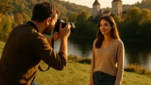 Une jeune femme se fait prendre en photo par un photographe en Dordogne pas loin de Bergerac durant le Golden Hour.